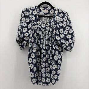 LOFT Navy Blue White Floral Polka Dot Puff Sleeve Blouse Large Business Casual